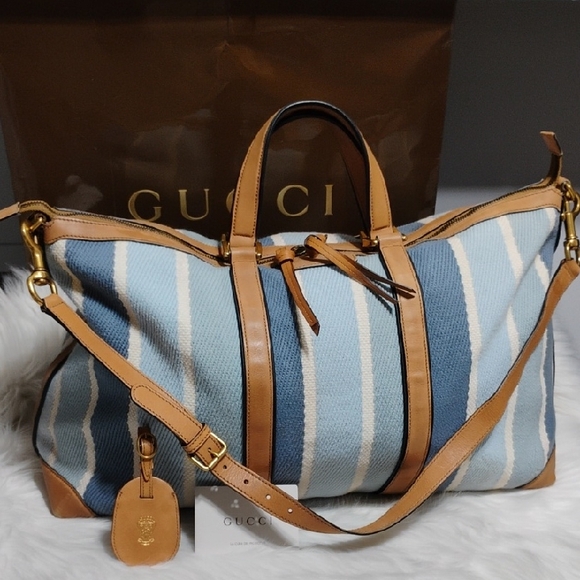 Gucci Handbags - SALE! Auth Gucci Blue & White Striped Leather Trim Travel/Duffle Bag W Strap